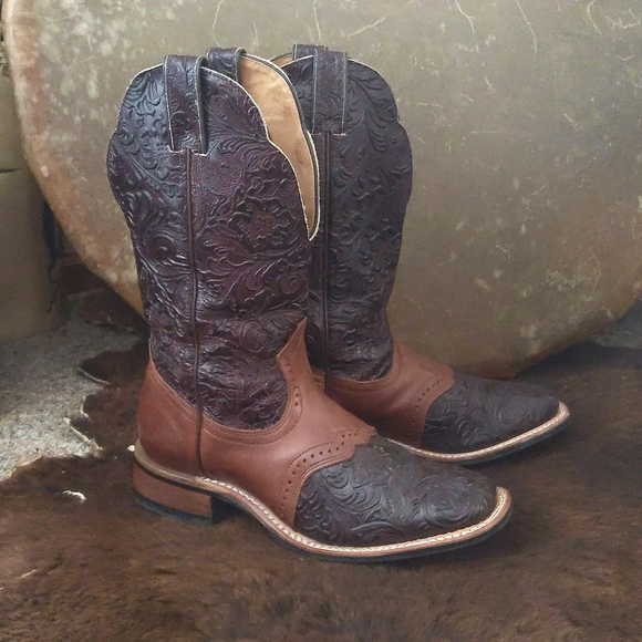Boulet Shoes - BOULET #2050 hand tooled Ranger Chestnut leather cowboy boots square toe sz8 euc